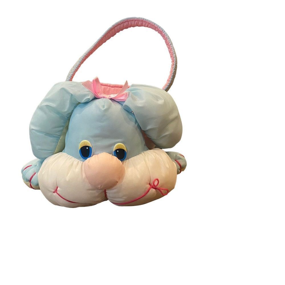 Vintage Nylon Plush Easter Basket Bunny Rabbit Soft Puffalump Style Blue Pink